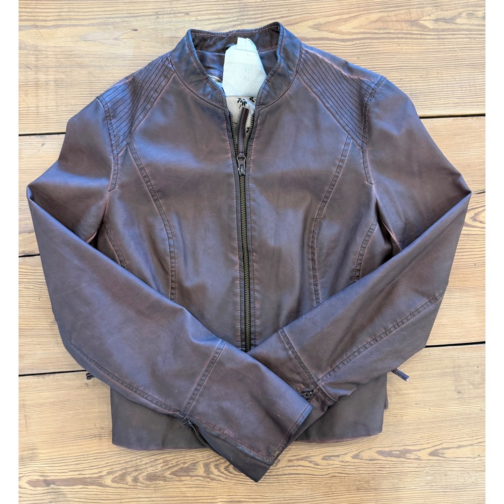 Anthropologie HEI HEI Womens Vegan Leather Moto‎ Jacket Mauve Brown  Size Small